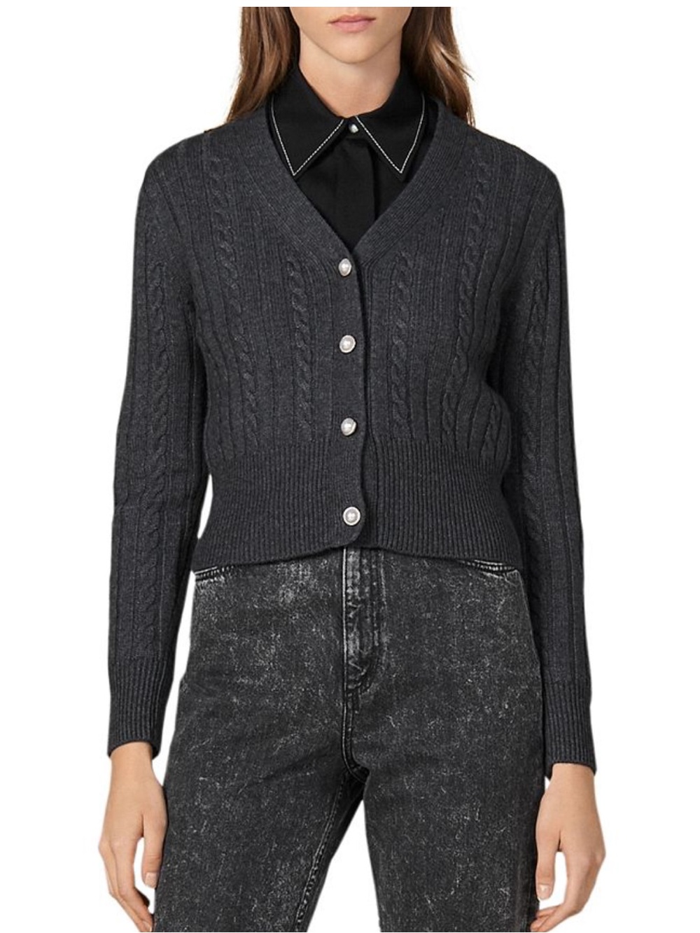 Sandro Jinale Wool-Blend Cable-Knit Cardigan In Gray